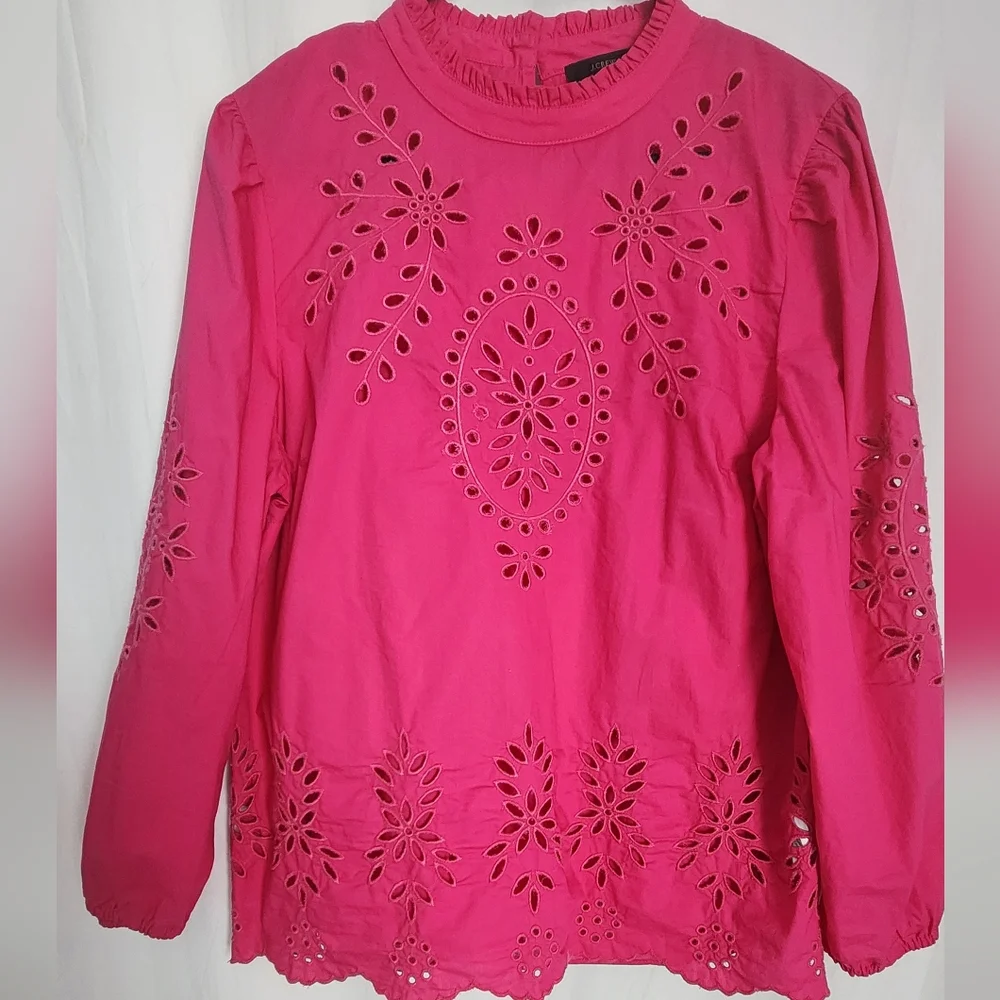 J.Crew Mockneck Cotton Eyelet Top With Cami, Size L,  Fuchsia Pink, Excellent